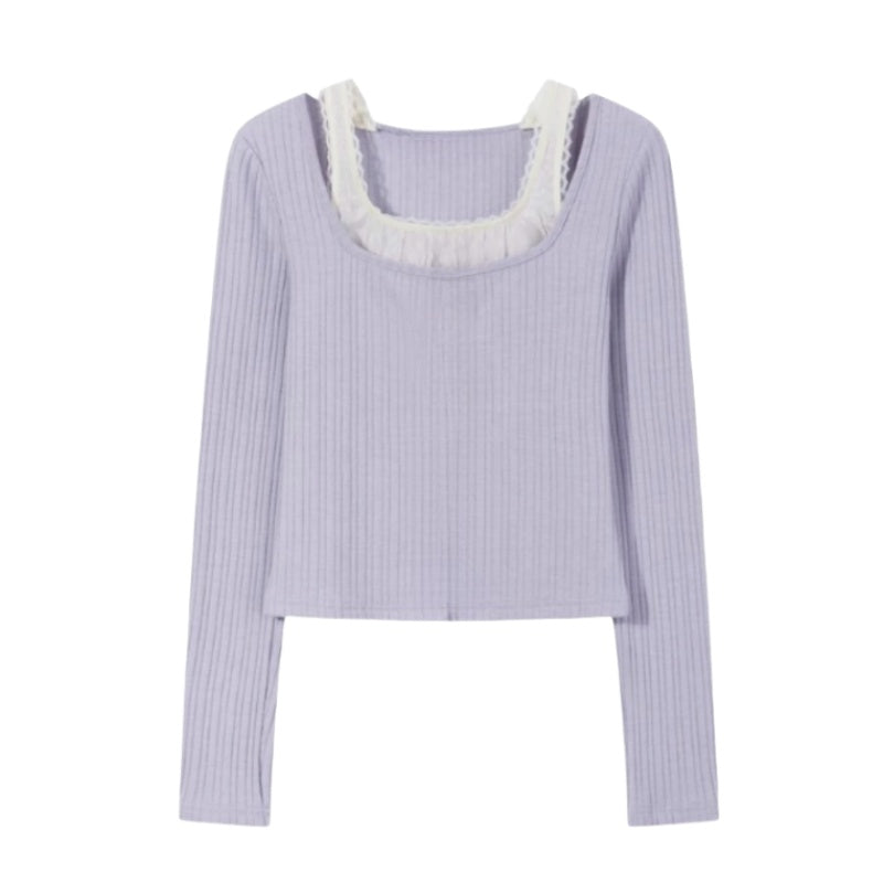 Elegant Purple-White Lace Long Sleeves